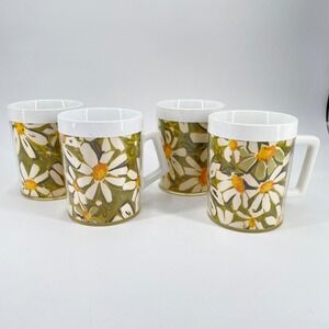 Vintage West Bend Thermo-Serv Daisy Mugs Set of 4 Olive Green Retro 70s Floral